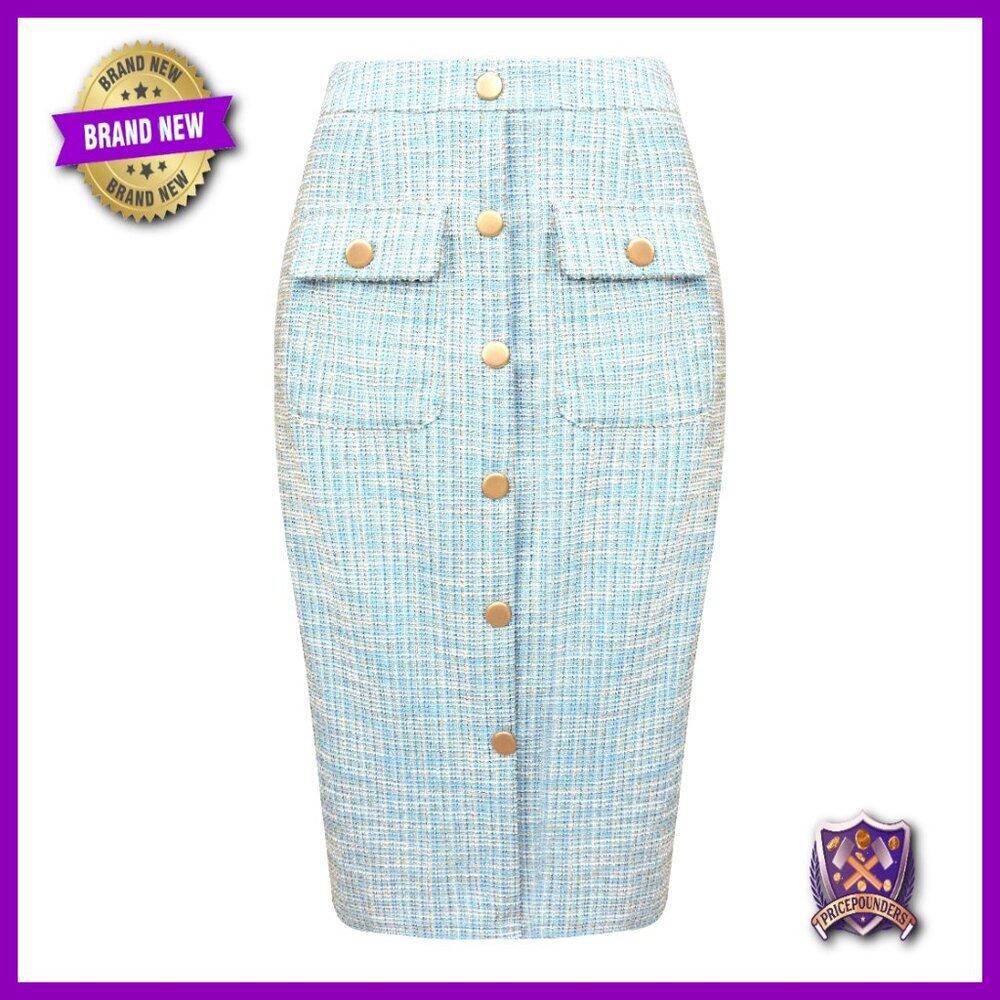 Tweed High Waist Midi Pencil Skirt with Pocket for Work Office
